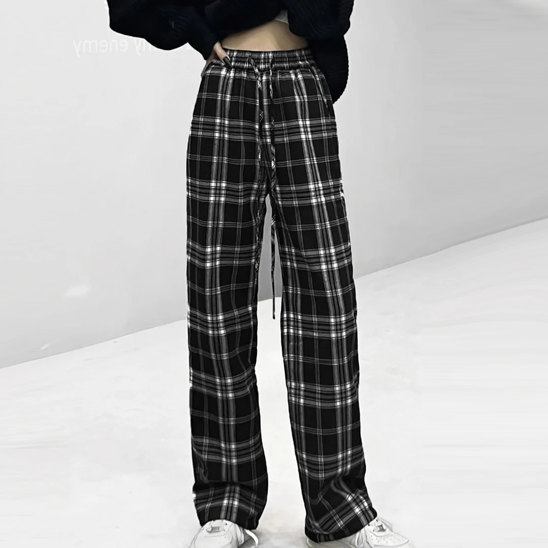秋冬新品！女士时尚休闲直筒加绒格子裤H40