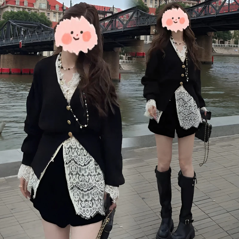 2025早秋新款法式气质时尚百搭针织开衫叠穿蕾丝衬衫短裤三件套女