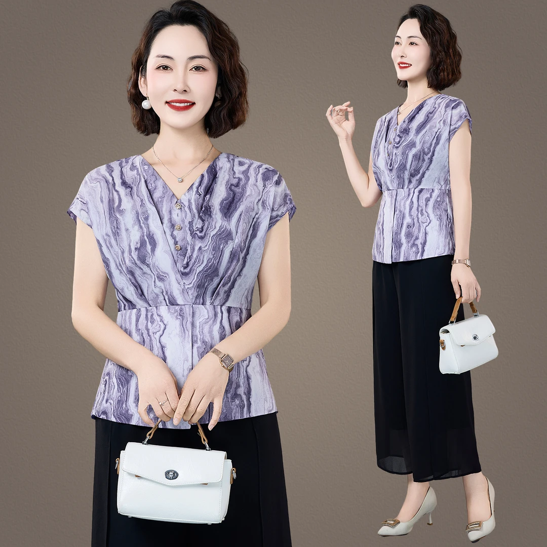 恩狐妈妈装夏装短袖套装显瘦减龄上衣服中老年女装时尚宽松两件套