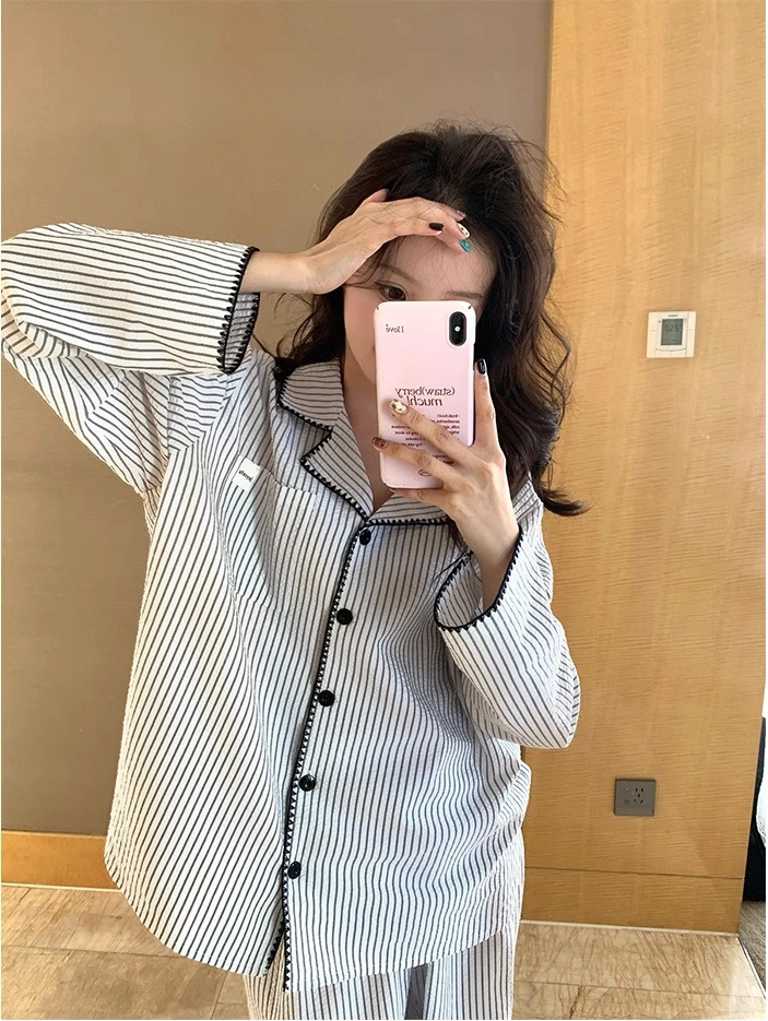 简约氛围感春秋季新款翻领条纹睡衣女宽松舒适亲肤长袖家居服套装