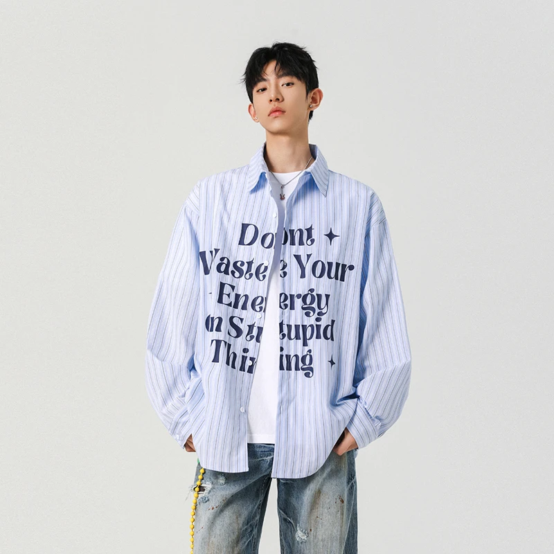 复古条纹字母印花短袖衬衫男女2025春秋季薄款衬衣情侣高级感