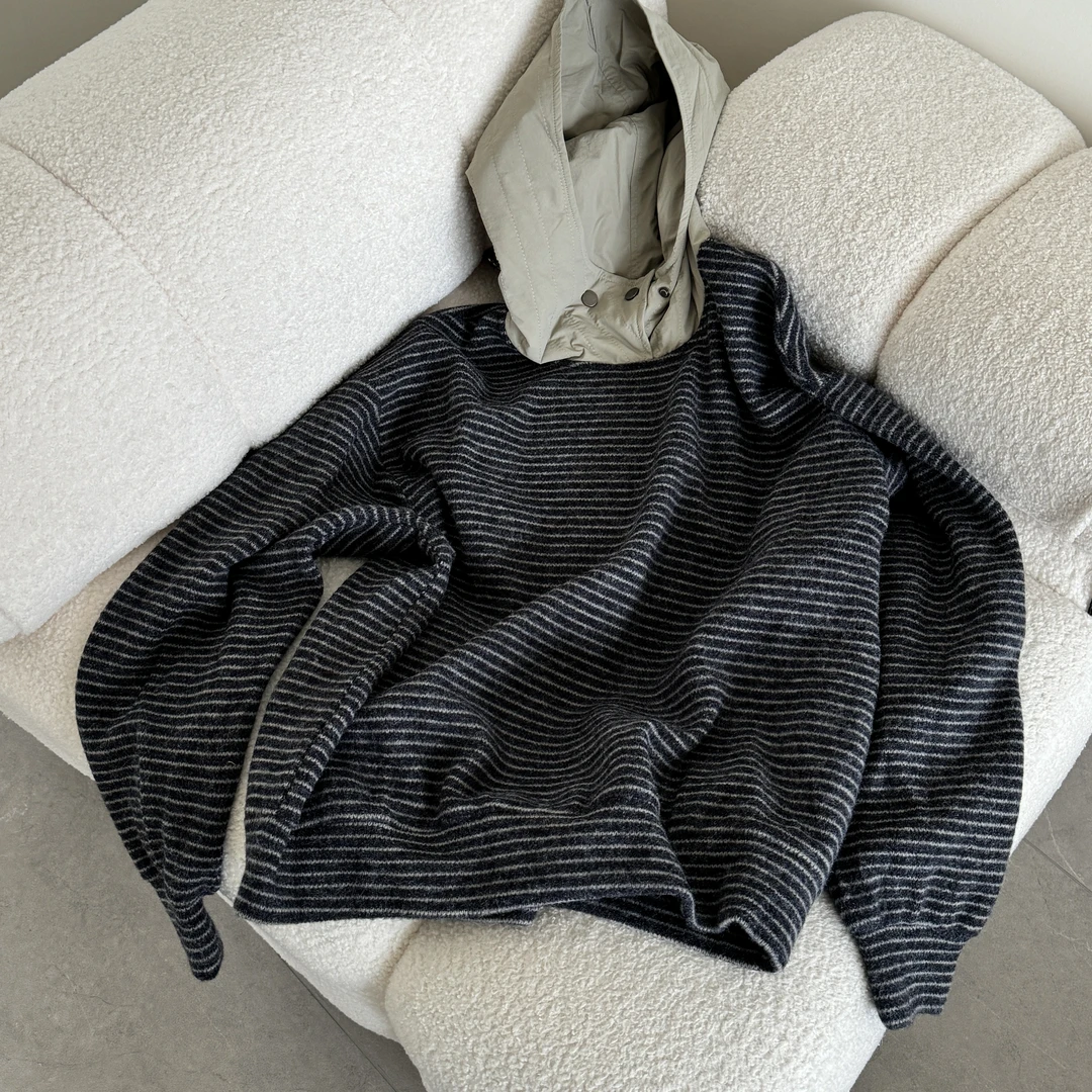 【糯米甜酒】韩系时尚百搭条纹慵懒风宽松小众打底连帽卫衣女