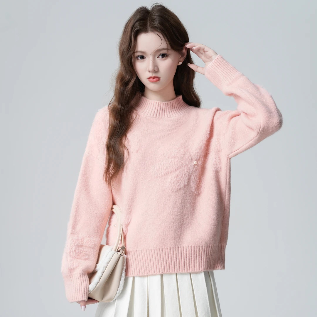 粉色半高领毛衣女款秋冬2025冬季新款花朵内搭加厚针织衫短款上衣