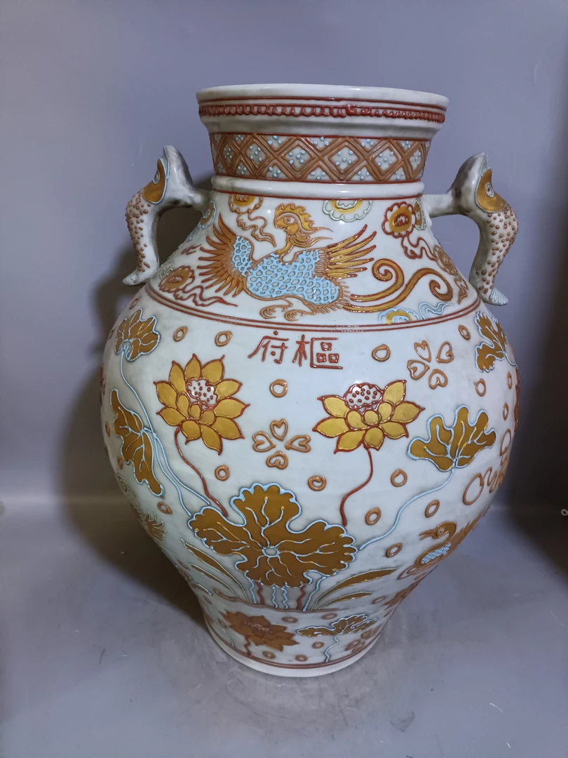 元代沥粉描金鱼澡图案陶瓷罐仿古高43厘米肚径30厘米