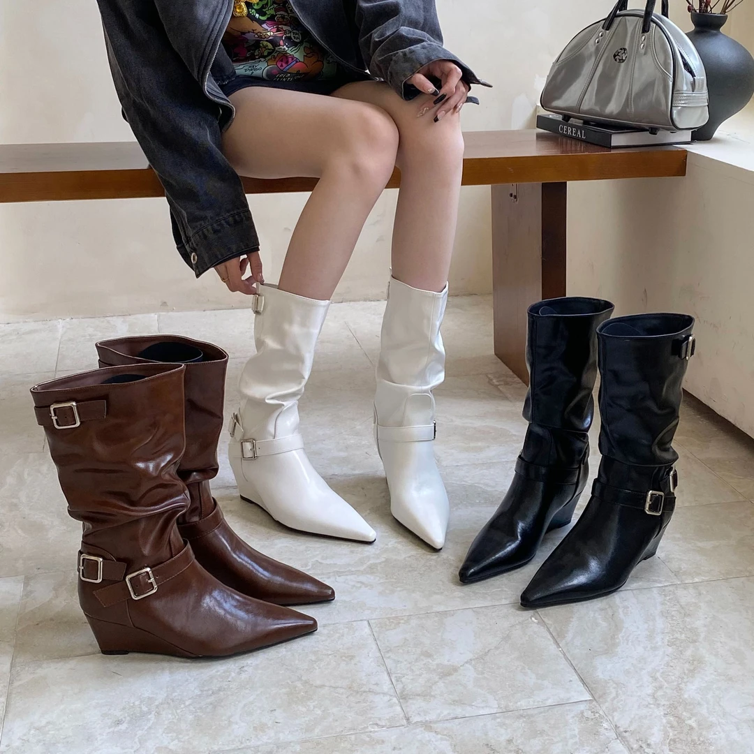 AM-171-6尖头中筒靴女坡跟百搭小仙女内增高切尔西靴增高马丁靴