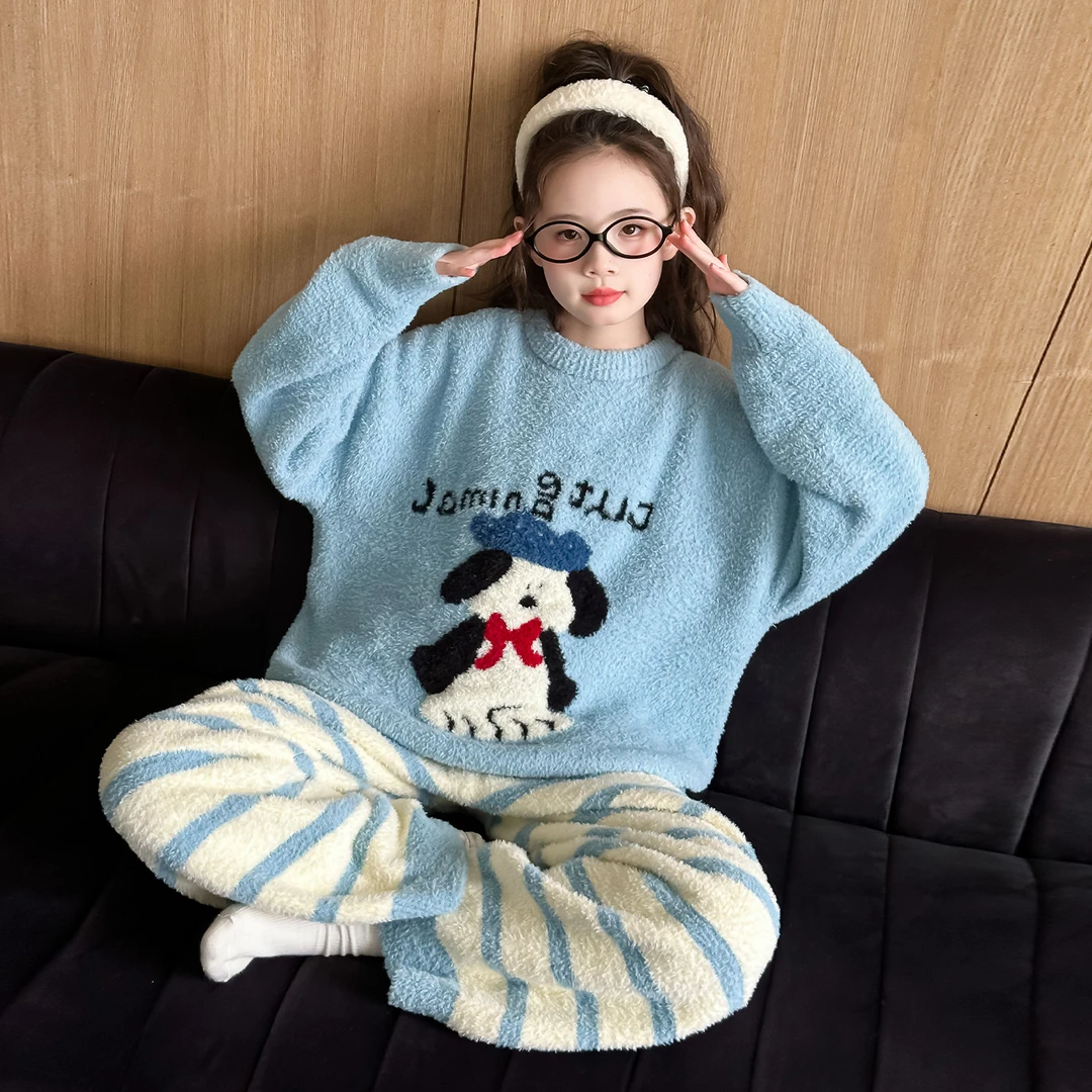 女童秋冬季半边绒卡通睡衣2025款8-15岁中大童加绒保暖家居服套装