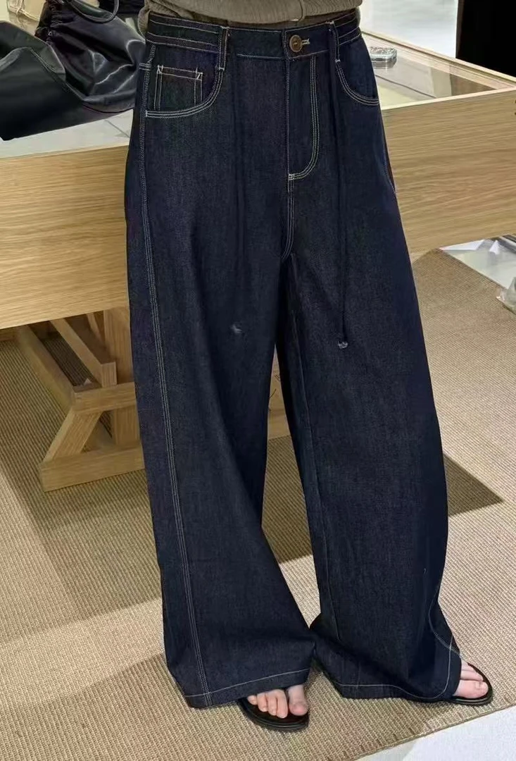 b5335-2#单面料无弹普洗蓝 韩版高腰直筒阔腿拖地裤 宽松牛仔裤女