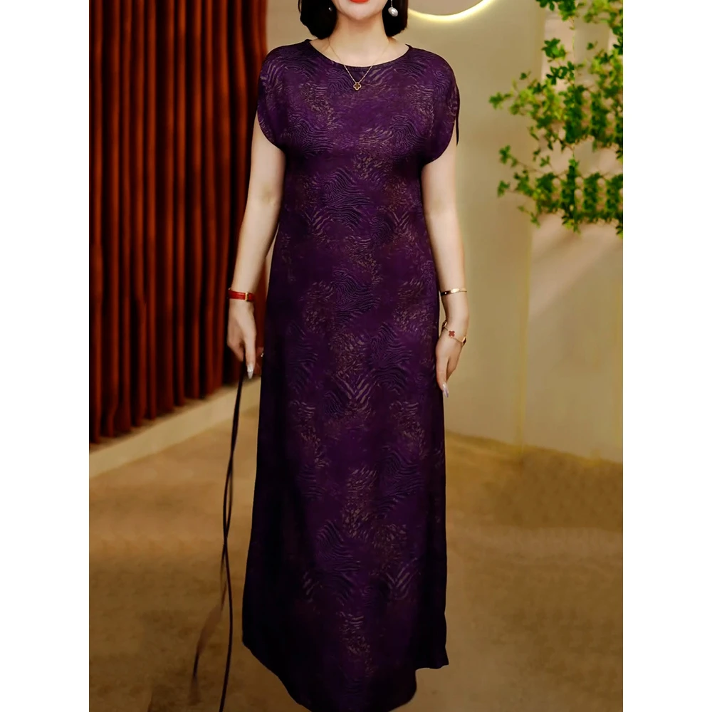 轻奢妈妈装高档紫色圆领连衣裙2025夏季新款端庄优雅大码显瘦长裙