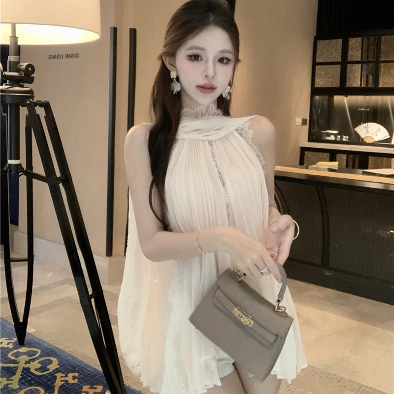 法式纯欲超仙蕾丝拼接飘带挂脖上衣女夏辣妹宽松设计感雪纺衫女