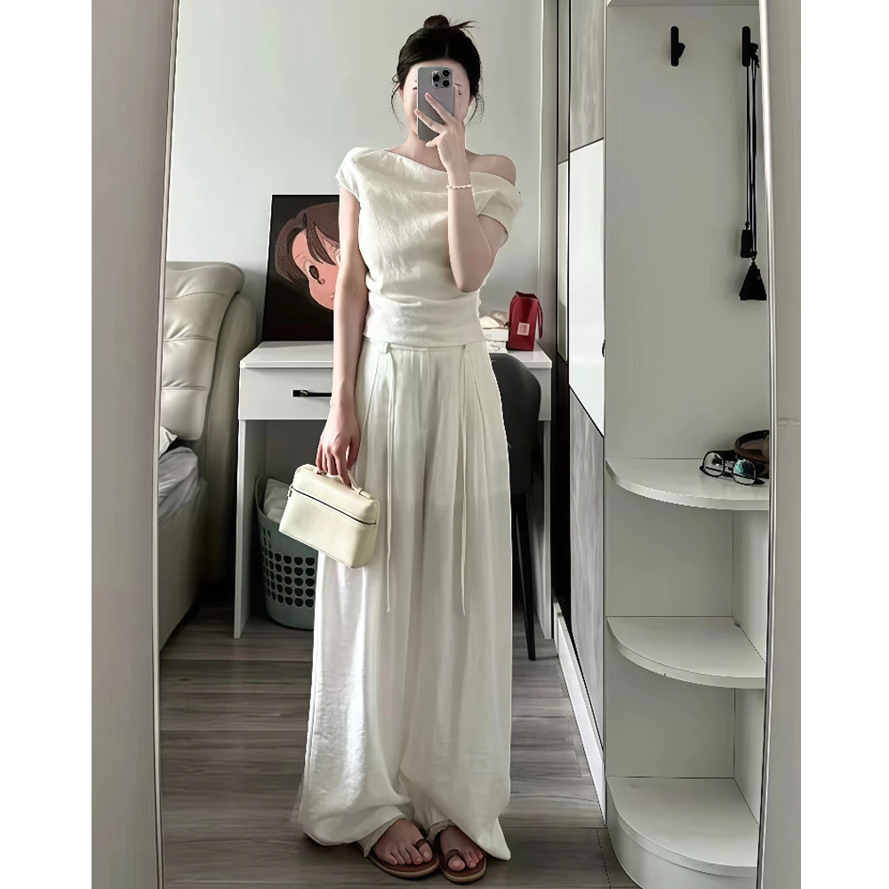 时尚套装女设计感收腰显瘦斜肩T恤上衣百搭高腰显瘦垂感休闲裤子