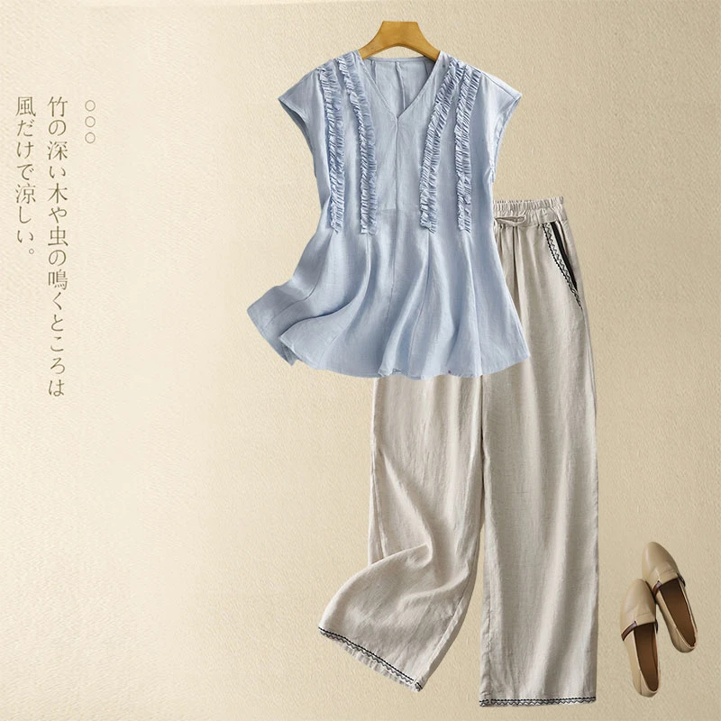 修身无袖V领木耳边上衣夏系带外穿马甲背心气质小衫百搭直筒裤子