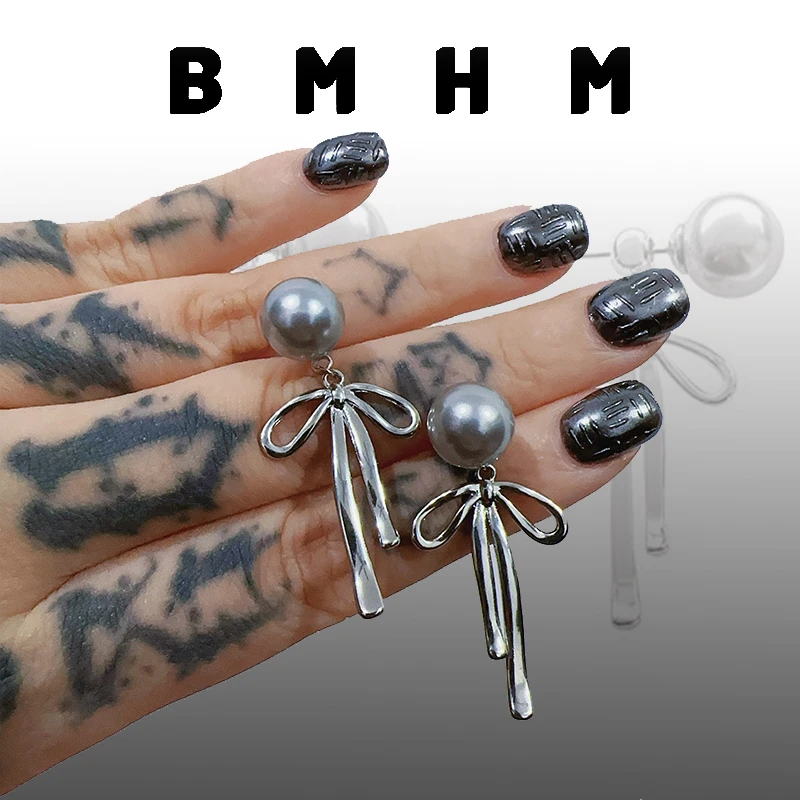 BMHM 铜合金耳饰 少女心冷感蝴蝶结小众清冷灰色珠珠长款耳环耳饰