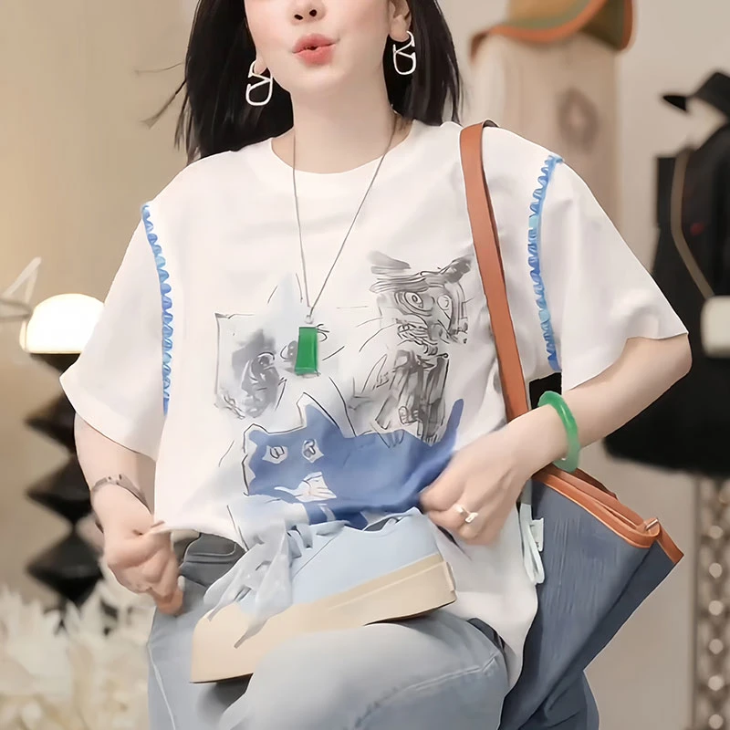 印花休闲t恤女夏季2025宽松显瘦时尚减龄设计感漂亮小衫短袖上衣
