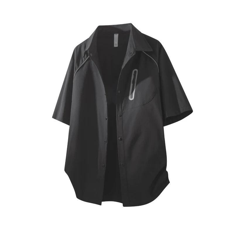 夏季速干短袖衬衫男士薄款宽松透气痞帅潮流翻领拉链衬衣开衫