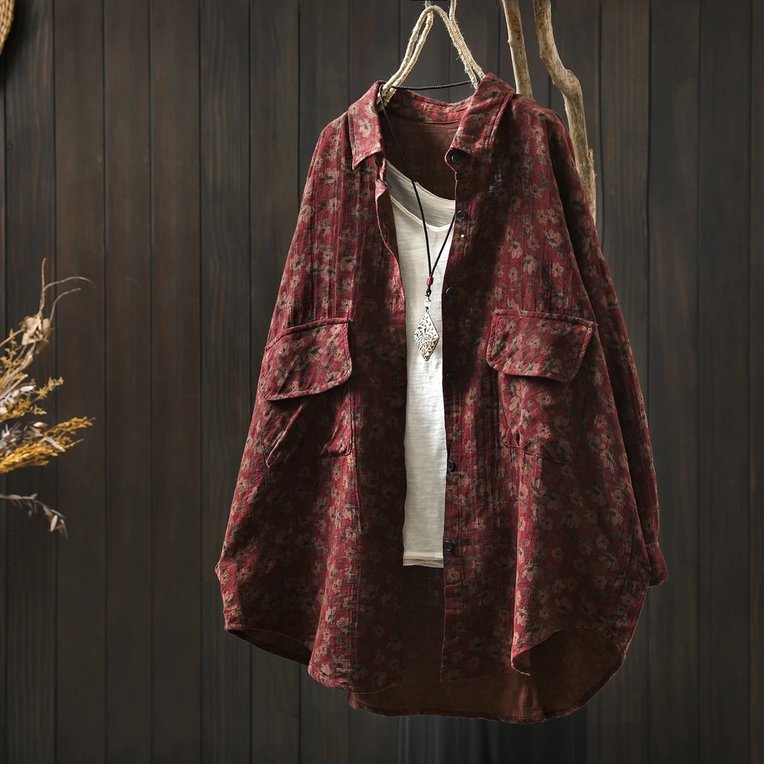 女士2025新款衬衫秋季碎花双口袋中长款复古大码气质时尚长袖衬衣