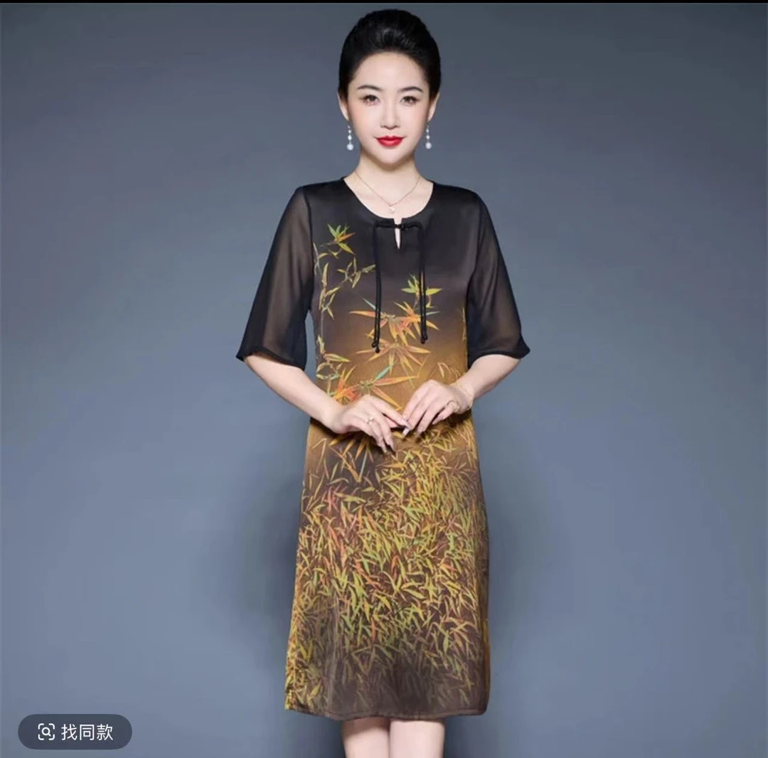 (芙蓉花）新中式简约时尚显瘦气质女装宽松中长款连衣裙