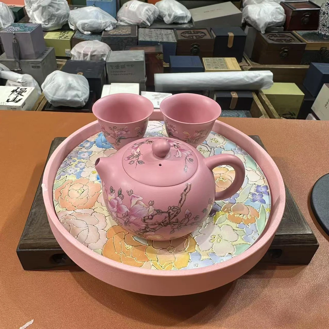 叶老师粉紫砂玉兰西施茶壶加俩杯加茶盘套组  LL062