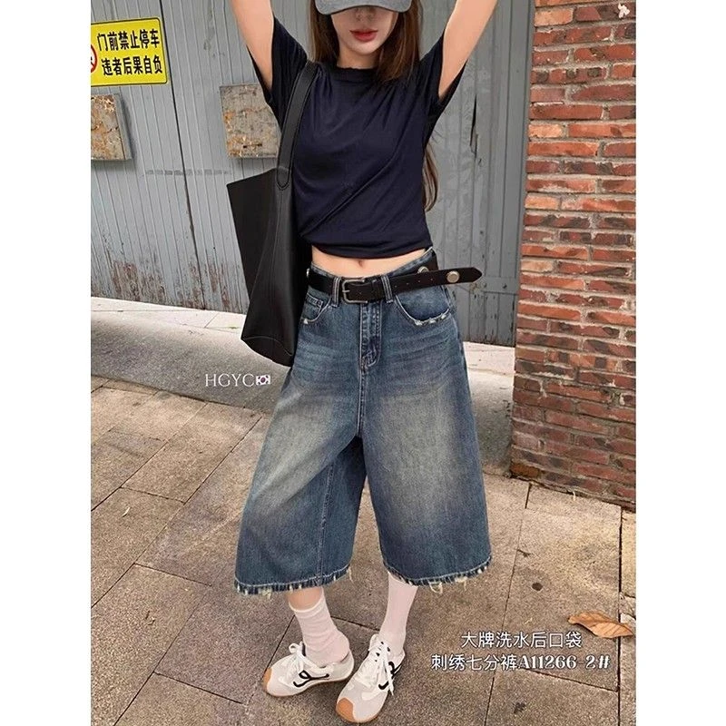 大码复古蓝色七分牛仔裤女夏季胖mm宽松高腰显瘦直筒阔腿中裤