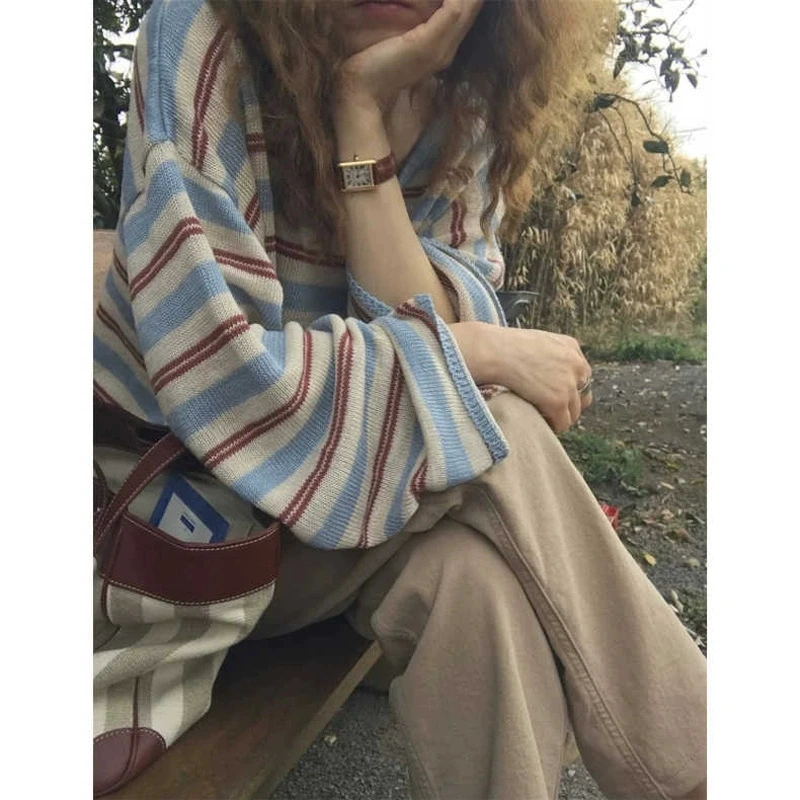 胖mm条纹慵懒长袖防晒针织罩衫女装春夏新款薄款v领宽松大码上衣