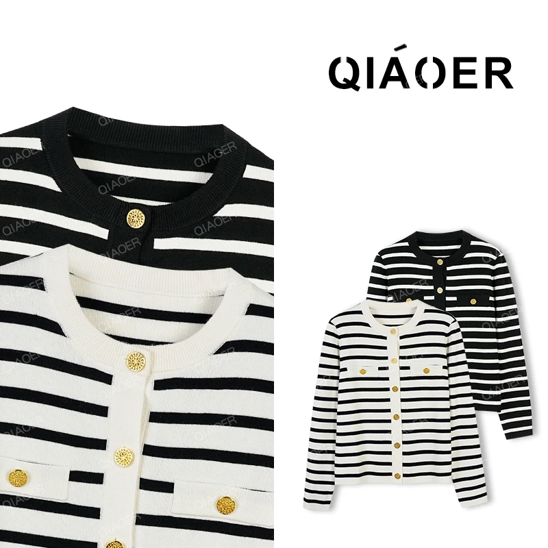 乔儿定制【黑白间奏】33绵羊毛长袖百搭针织开衫女秋冬条纹显瘦毛衣