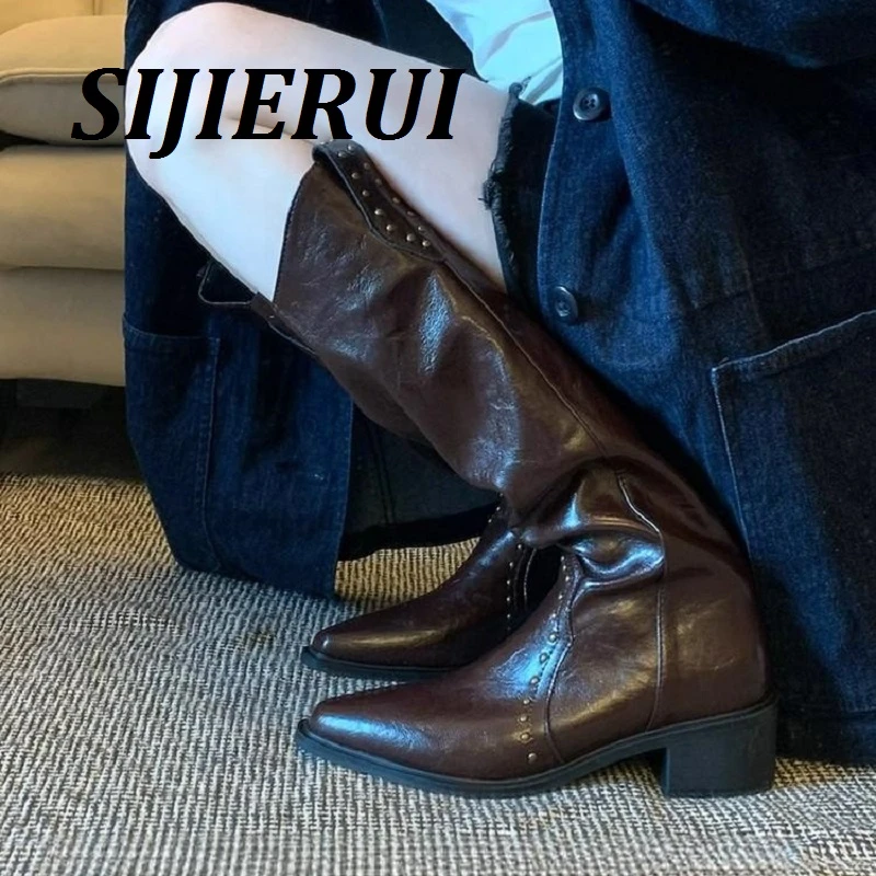 SIJIERUI铆钉V口尖头西部牛仔靴女不过膝高跟长筒靴女高筒骑士靴