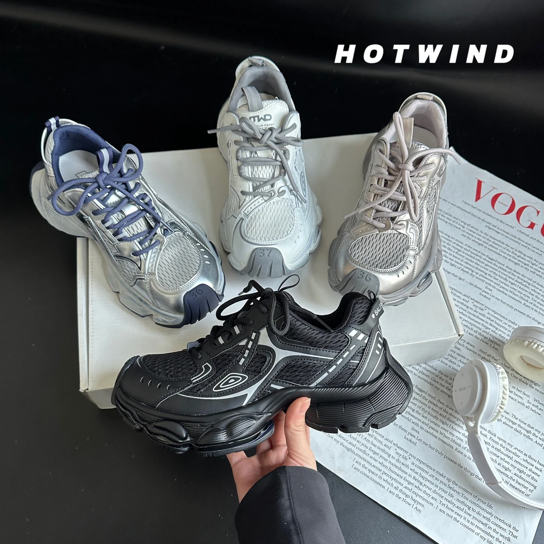 Hotwind/热风2025春季新款厚底松糕显瘦百搭休闲增高运动老爹鞋