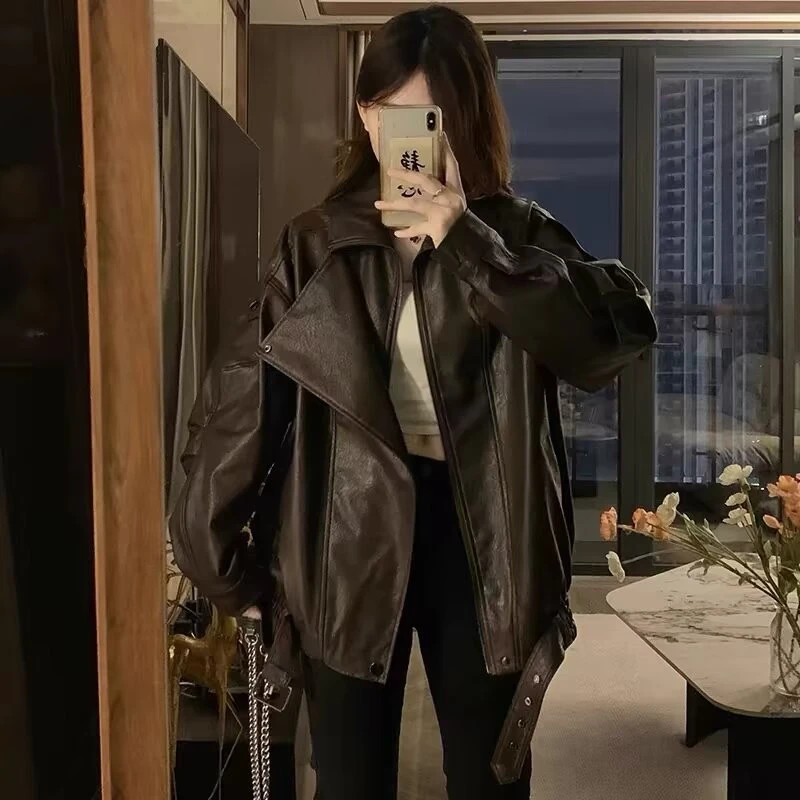 美式复古拽姐棕色皮衣夹克机车服外套女秋新款宽松百搭高级感上衣