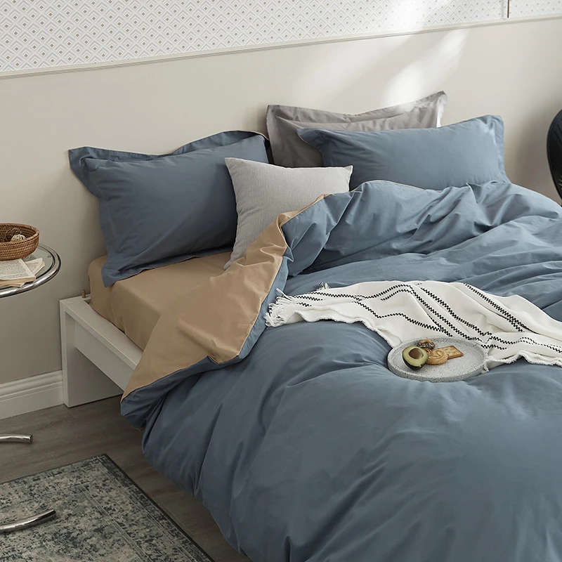 100支全棉磨毛四件套秋冬柔软纯色简约加厚100s纯棉被套床笠款