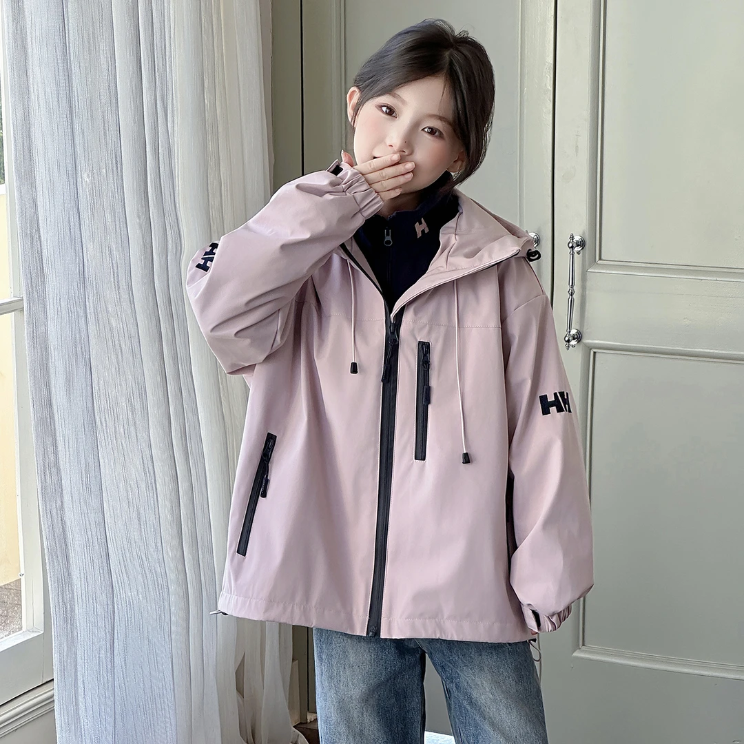 女童连帽三合一冲锋衣外套春秋2025新款中大童抽绳休闲字母上衣潮
