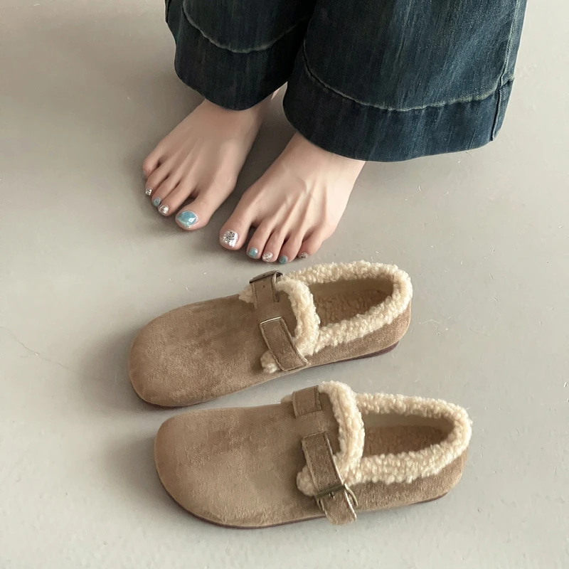 复古松弛森系毛毛边加绒保暖棉鞋2025秋冬新款加绒气质勃肯鞋潮鞋