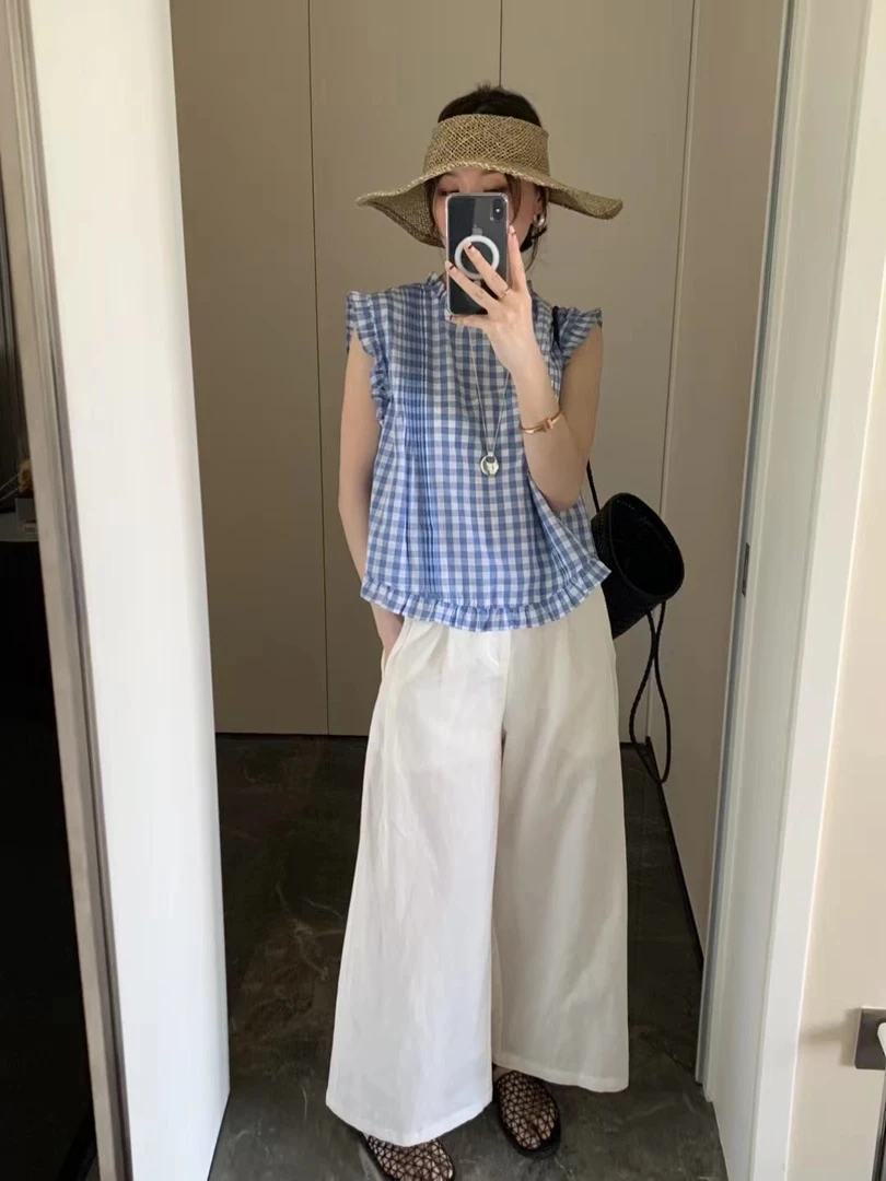 【俪宝】蒂凡尼 上身敲美~洋气有调性！韩版夏季时尚百搭格纹小衫
