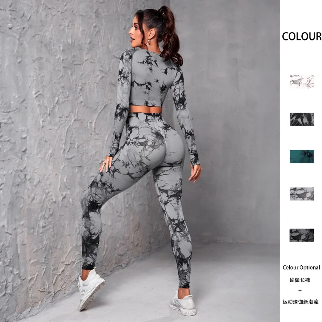 无缝瑜伽服性感高腰提臀瑜伽裤扎染长袖上衣健身运动服套装女秋冬