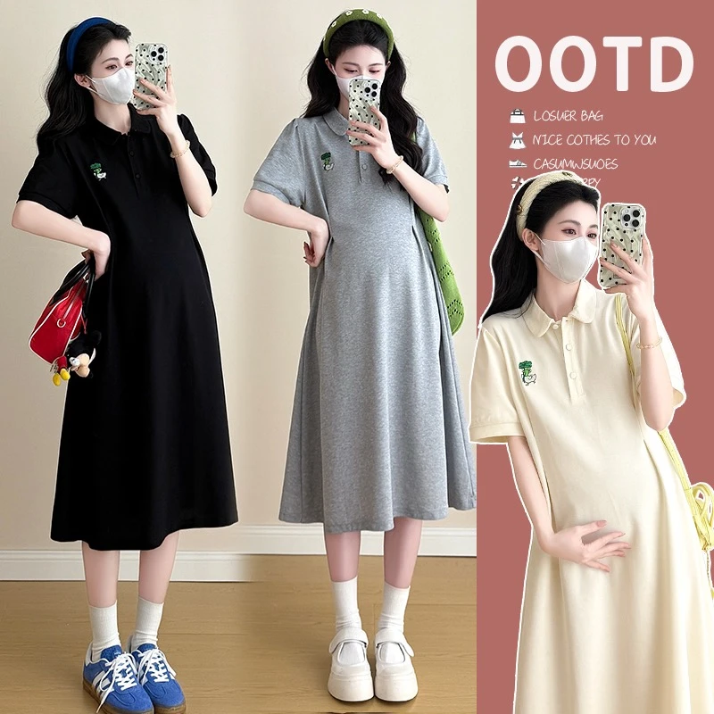 孕妇装2025夏季新款显瘦女刺绣包粒扣中长款孕妇时尚翻领连衣裙