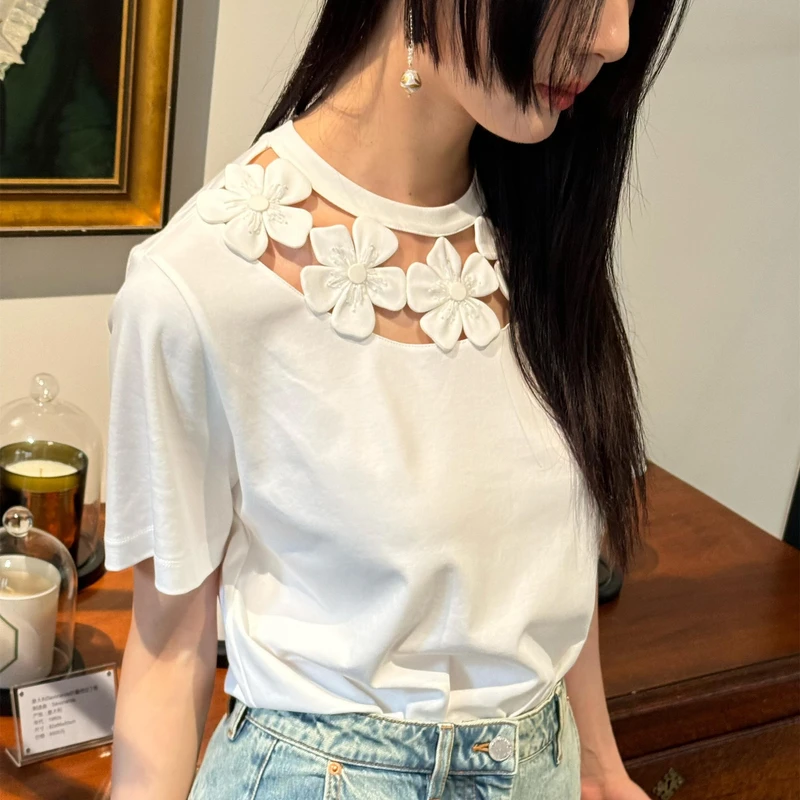 YIMAIMAI 手工花朵设计夏日法式亚麻针织开衫+伞裙+短袖t恤现货