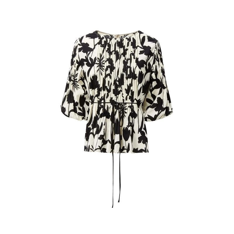 圣迪奥女装时尚气质圆领风琴褶印花宽松短袖衬衫S242Z0409