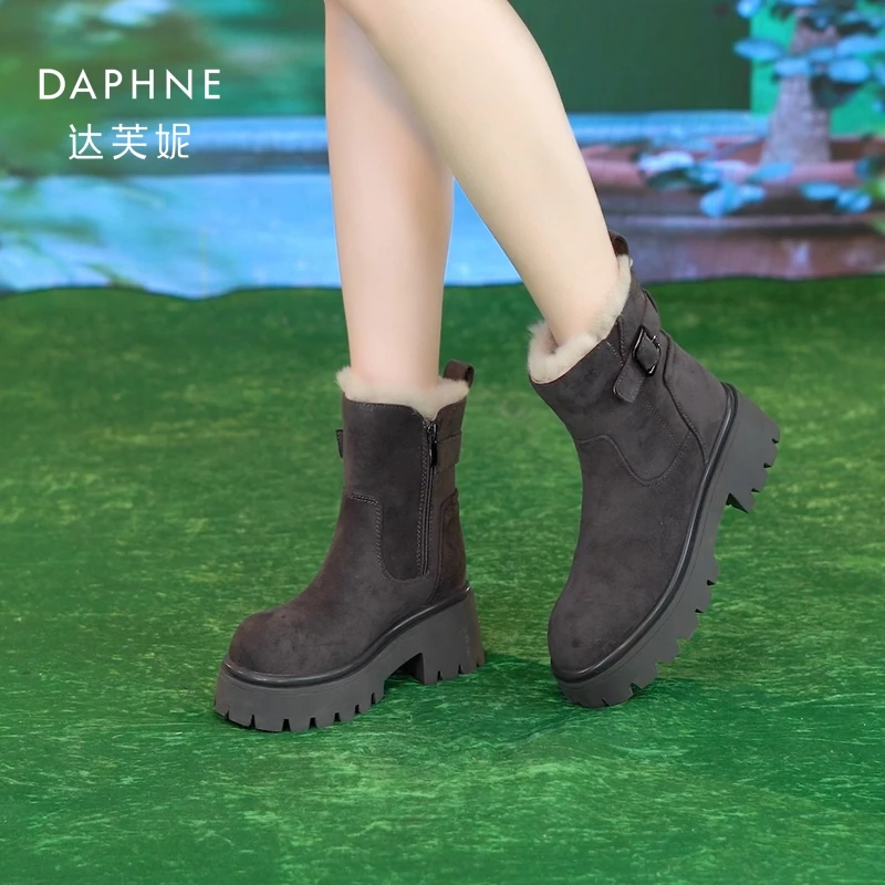 Daphne/达芙妮厚底雪地靴女2024年秋冬新款粗跟毛毛鞋加厚棉靴子