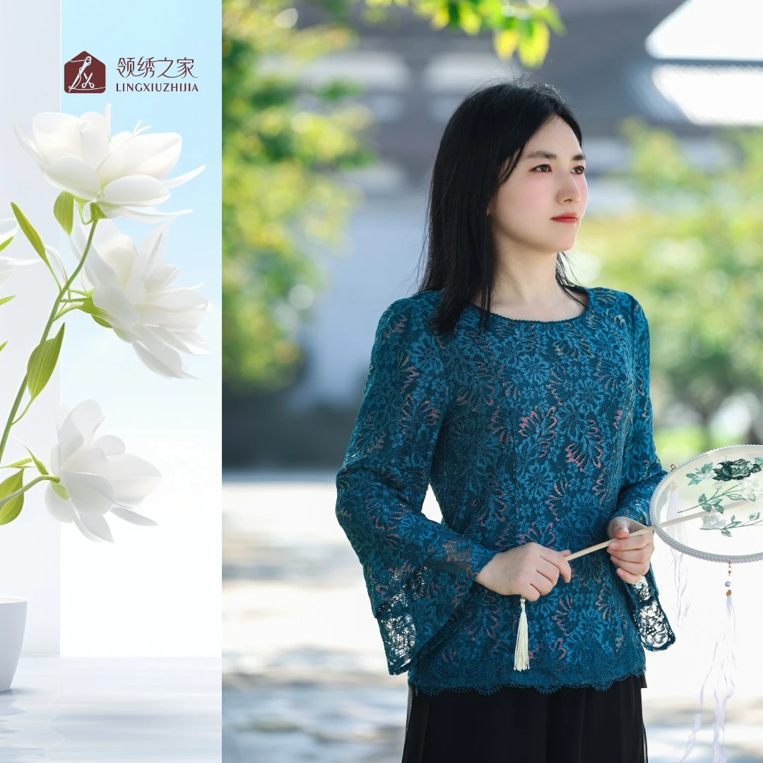【领.只此青绿】蕾丝绣花长袖小衫女人味遮肉显瘦#L801905A妈妈装