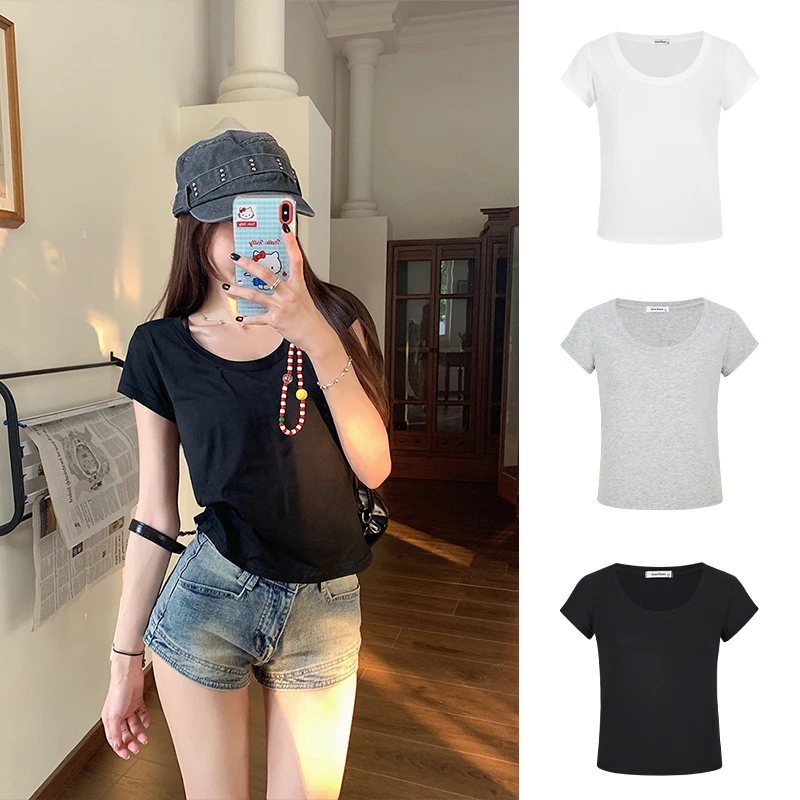 Moses Queen/魔西女王纯棉U领短袖T恤女夏季休闲百搭宽松上衣打底