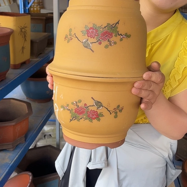?***࿐黄色鸟语花香中号一对花盆紫砂
