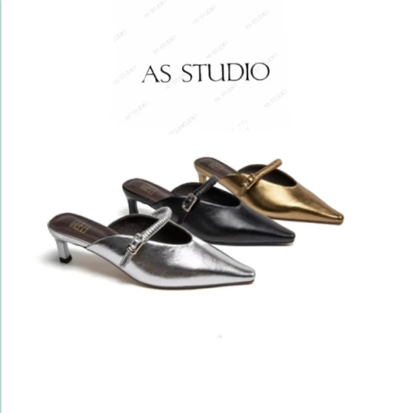 【啊双专属】尖头细高跟一字带后空包头拖鞋女外穿单鞋