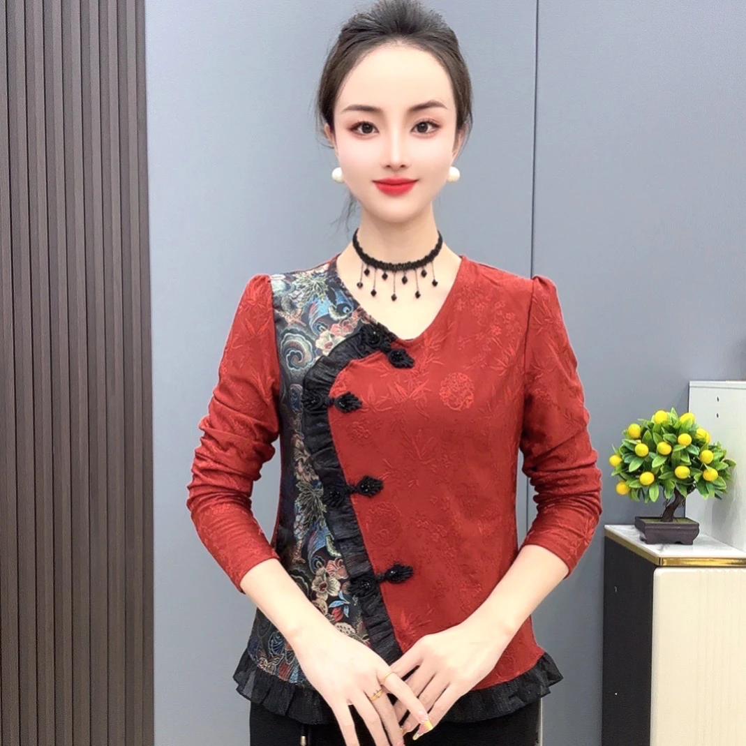 89111中式国风打底衫新款时尚复古盘扣拼接保暖上衣