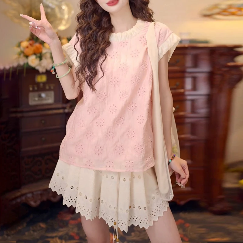 时尚甜美一整套女2025夏季温柔粉色短袖t恤休闲阔腿短裤子两件套