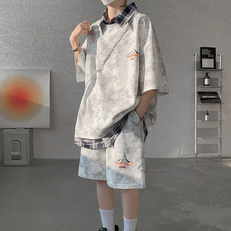 假两件休闲运动套装男款夏季美式重磅脏脏短袖体恤短裤两件套穿搭