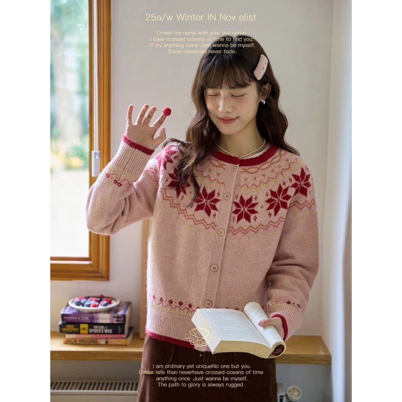 Nov elist什一 北欧雪花费尔岛撞色提花圆领插肩袖毛衣开衫