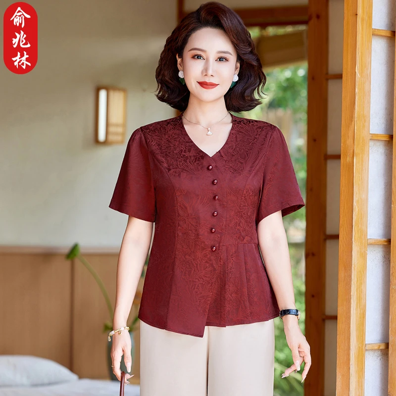 俞兆林中年妈妈夏装国风上衣裤子两件套中老年女夏季短袖小衫套装