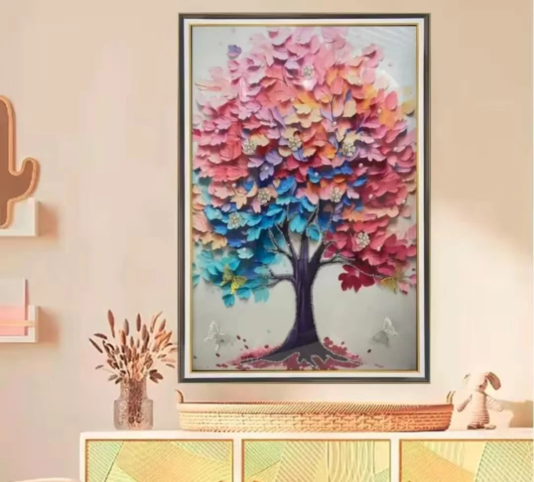 Q323五彩发财树餐厅装饰画沙发背景墙挂画玄关过道餐厅现代玻璃画