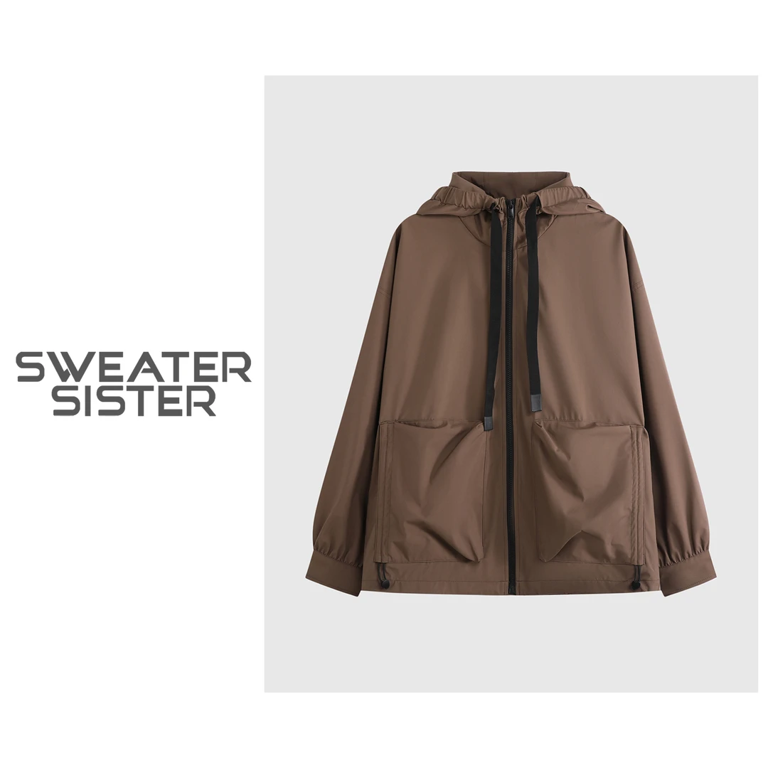 运动风抽绳大口袋拼接连帽外套女5316-1862