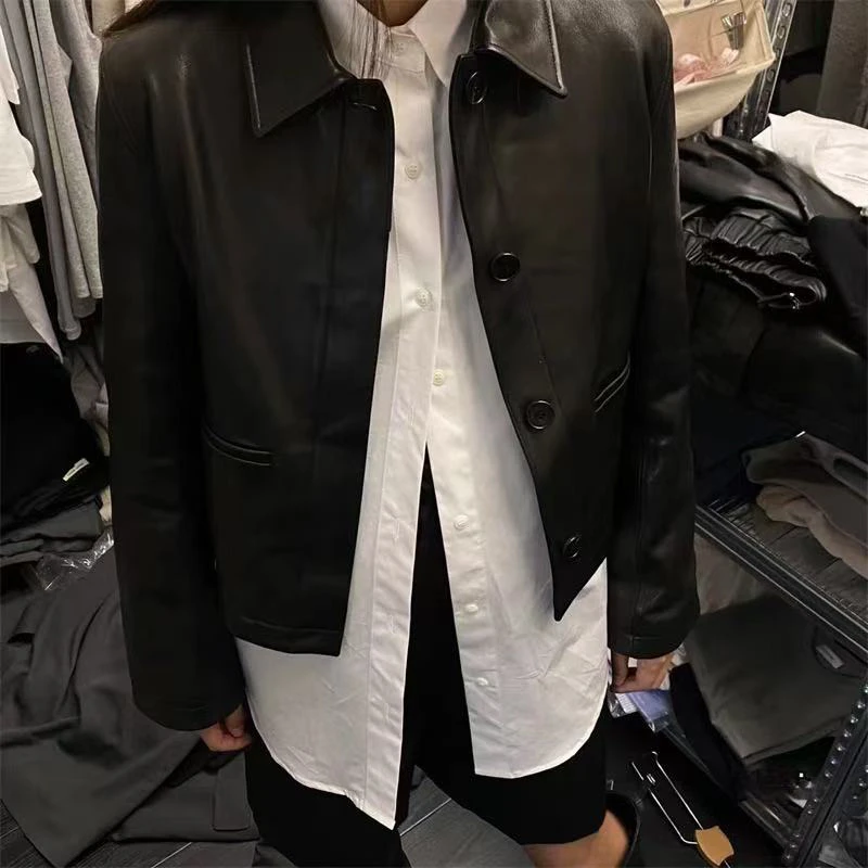 【好质感】韩国东大门设计师款重工翻领小皮衣