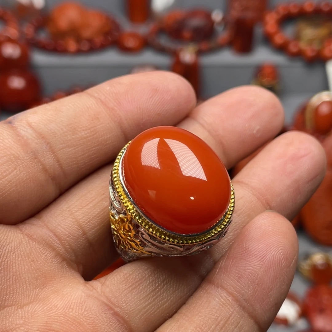 南红玛瑙银S925镶嵌珠宝奇石戒指