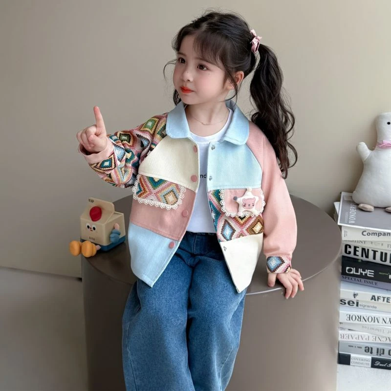 女童外套春秋款2025新款休闲洋气儿童秋装女宝宝拼色夹克上衣时髦